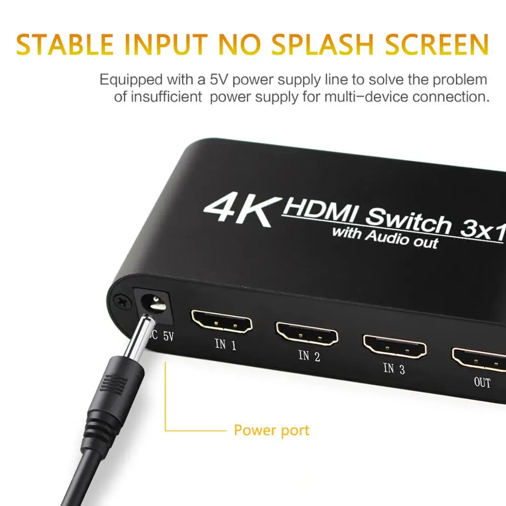 Noir 2K Ultra HD Video Audio Splitter Converter Adaptateur Audio Extractor JICHUI Commutateur HDMI Switcher 3 Ports dentrée 1 Sortie Port 4K 