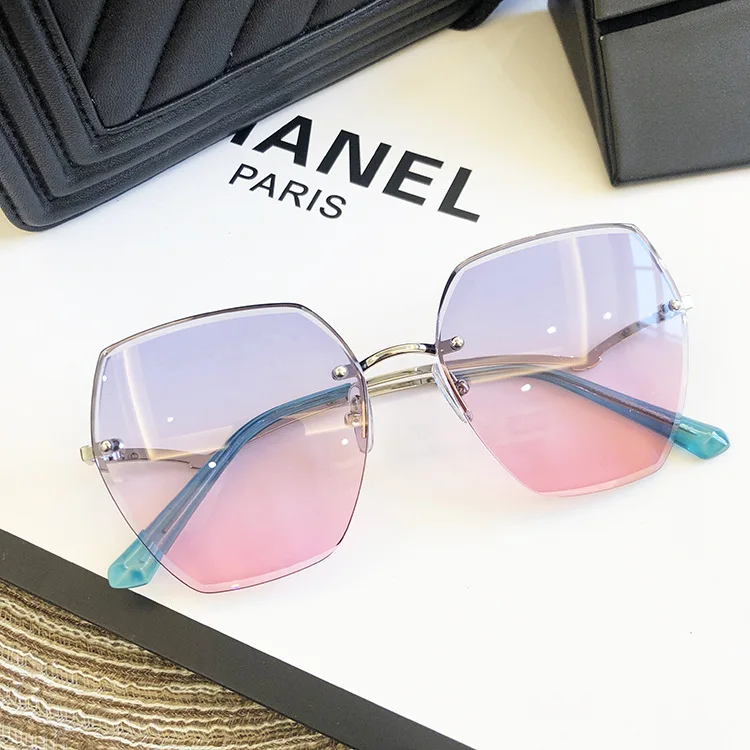 Fashion Rimless Sunglasses For Women Big Luxury Brand Designer UV400 Glasses Female Gradient Shades Women's accessories - Цвет линз: blue pink