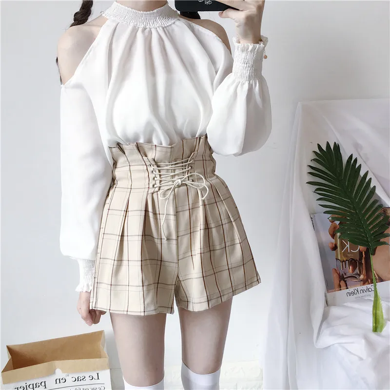 Blusas mujer de moda mori/весенне-летняя однотонная блузка в японском стиле со стоячим воротником без бретелек с длинными рукавами белого и черного цвета