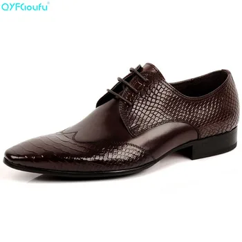 

QYFCIOUFU Brand Classic Genuine Leather Men Pointy Shoes Oxford Lace Up Wedding Party Man Black Brown Snake Pattern Dress Shoes