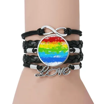 

Stippling Rainbow Gay Lesbian LGBT Bracelet Love Black Twisted Leather Rope Wristband