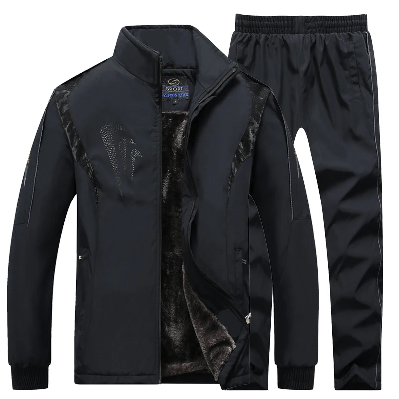 black Большой размер L~ 5XL брендовый шерстяной лайнер спортивный костюм для мужчин комплект одежды из двух предметов повседневная куртка+ брюки спортивный костюм Мужская спортивная одежда спортивные костюмы - Цвет: black