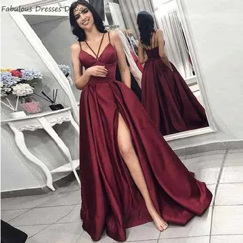 

Burgundy A Line Long Prom Dresses 2020 Sexy Spaghetti Strap V Neck Backless Slit Vestido De Festa Evening Dress Party For Women