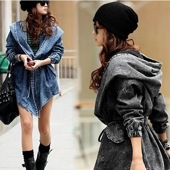 

2020 Autumn chaquetas mujer Women Jacket Cardigan Windbreaker Lace Up Bandage Hooded Cloak Denim Jacket Winter denim belt coats