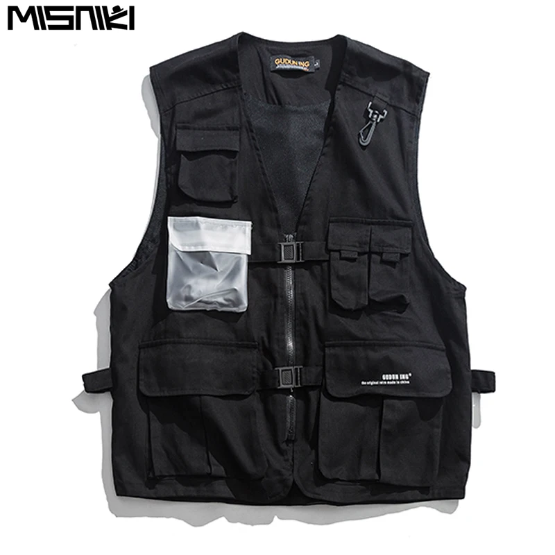 

Misniki 2019 Multiple Pockets Men Cargo Vest Hip Hop Vest Men Dad Core Vest Sleeveless Jacket Gilet Men's Vest Streetwear JP57
