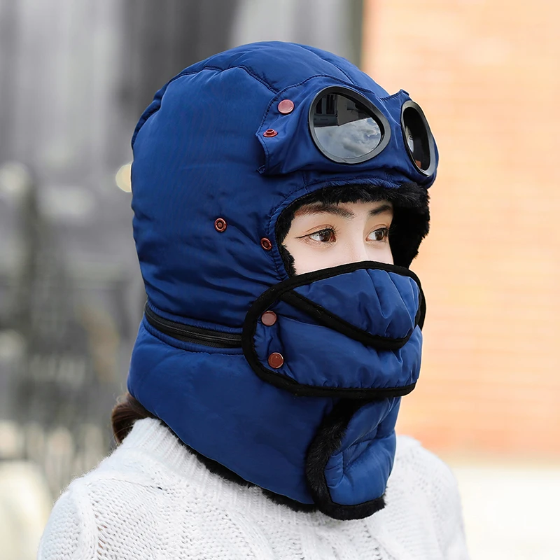 Navy blue Женские зимние утолщенные ветрозащитные маски, снежная шапка, мужские шапки-бомберы с солнцезащитными очками, Съемный шарф, шапка для езды на мотоцикле - Цвет: Navy blue