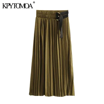 

KPYTOMOA Women 2020 Chic Fashion Cozy Pleated Midi Skirt Vintage Elastic Waist Front Slit Female Skirts Casual Faldas Mujer