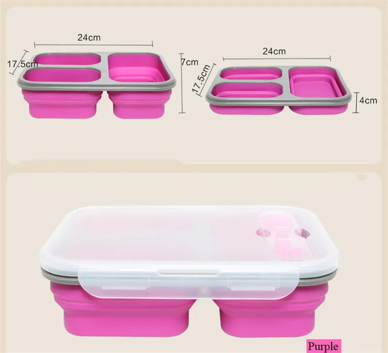3 ячейки, силиконовый портативный складной Ланч-бокс Bento с замком, безопасный микроволновый бенто складной контейнер для пищевых продуктов для детей