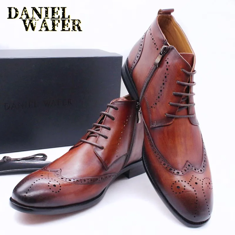 MEN HANDMADE BLACK WINGTIP BROGUE ANKLE DRESS LEATHER BOOT LACES UP SHOES 