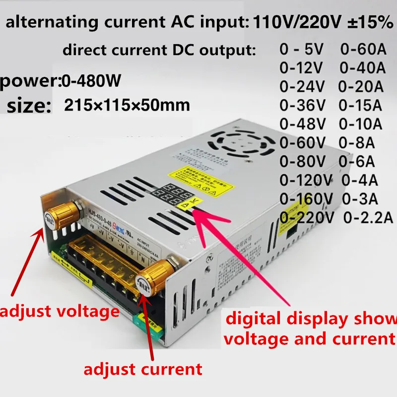 

480W Adjustable Switching power supply with Digital display power supply for LED DC 12V 5V 24V 36V 48V 60V 80V 120V 160v 220V