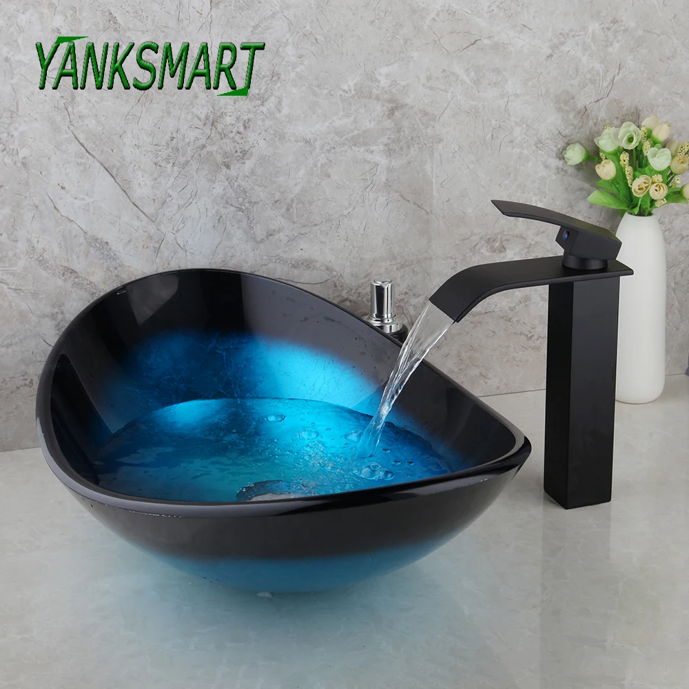 YANKSMART Bathroom Vessel oval Sink Set Contemporary Tempered Glass+oil rubbed bronze brass Faucet+Chrome Pop-up Drain