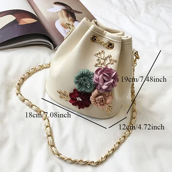 

2020 Handmade Flowers Bucket Bags Mini Shoulder Bags With Chain Drawstring Small Cross Body Bags Pearl Bags Leaves Decals