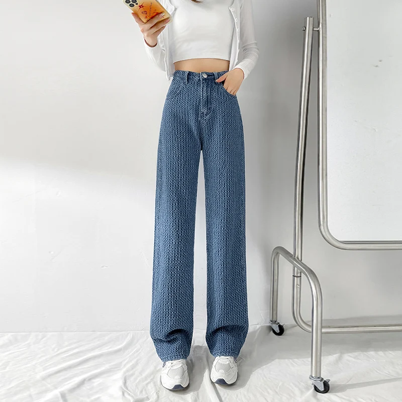 wide leg jeans Jacquard Blue Women Pants 2021 New Casual Striped Retro Basic Straight Loose Plus Size Jeans Y2K Fashion Trendy Ladies Trousers cargo jeans