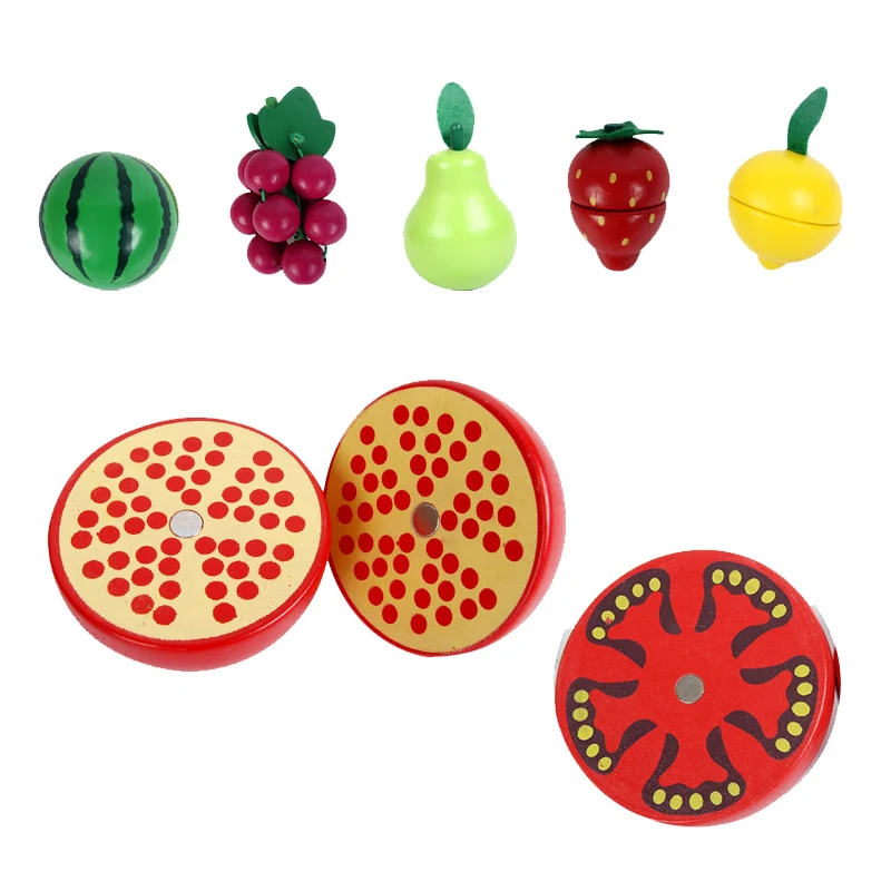 New Magnetic Wooden Fruit Vegetable Combination Cutting Toy Set Children Play Pretend Simulation Round Basket Fruit Kits D101