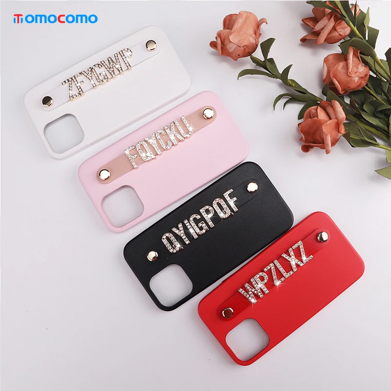 Custom Name PU Leather Cowhide Phone Case Shell For iPhone 11 12Pro Mini Max X XR XS 7 8Plus Diamond Metal Letters Cover Coque