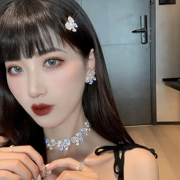 

Korean new design fashion jewelry luxury shiny bow earrings necklace set female prom jewelry