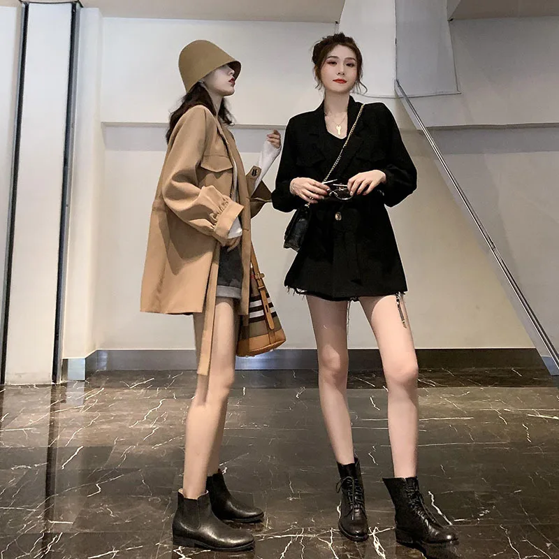 

Young Elegant Retro Loose-Fit Mid-length Lace-up Waist Hugging Suit Jacket Women's Slimming Autumn Clothing 2019 New Style Suit