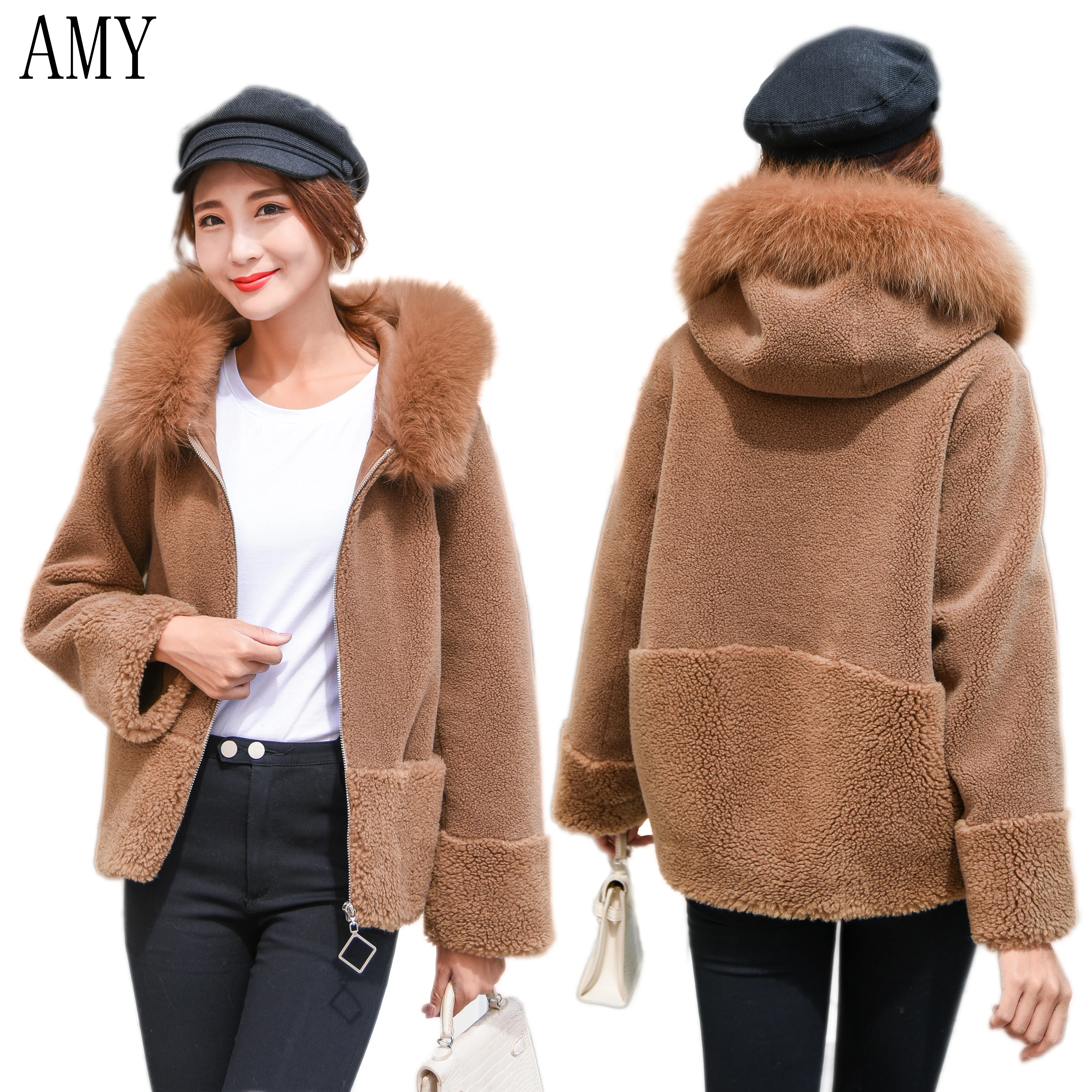 

2020 New Ladies Spring Faux Fur Coat Teddy High-end True Fox Fur Fur-Neck Trim Jacket Women's Hood Edun Coat