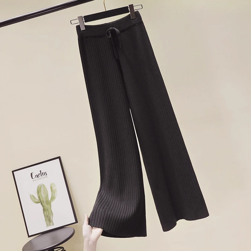 Корейский стиль, женские трикотажные брюки с высокой эластичной талией, женские широкие брюки, однотонные осенние брюки черного цвета и цвета хаки