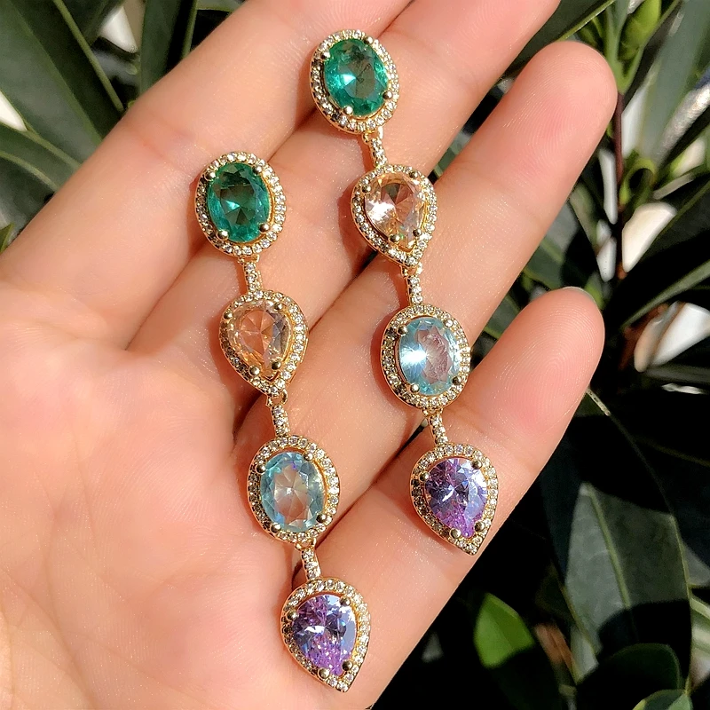 gold plated Роскошные Длинные серьги-подвески с овальным зеленым кристаллом, кубическим цирконием, многоцветные серьги для женщин, вечерние ювелирные изделия в стиле бохо - Окраска металла: gold plated