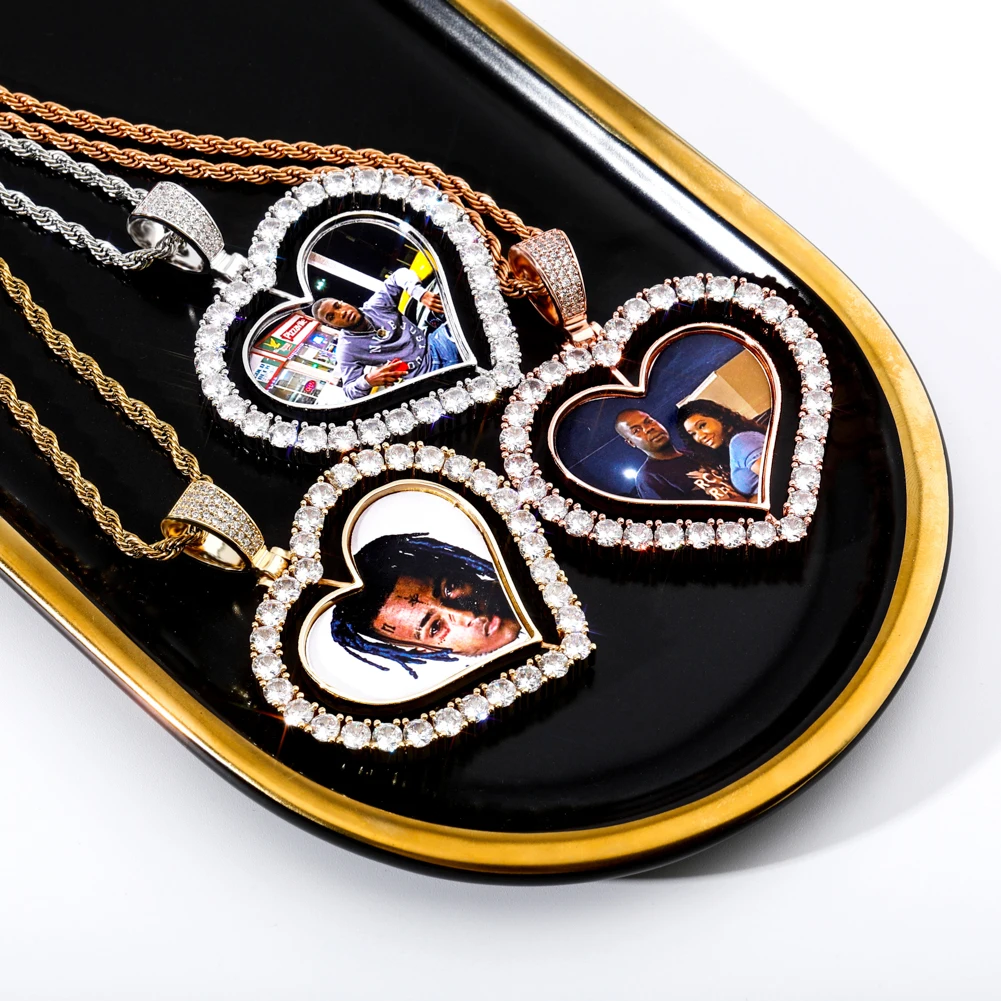 TOPGRILLZ Heart Shaped Custom Photo Spin Double Sided Medallion Pendant Necklace With 4mm Tennis Chain Zircon Hip Hop Jewelry
