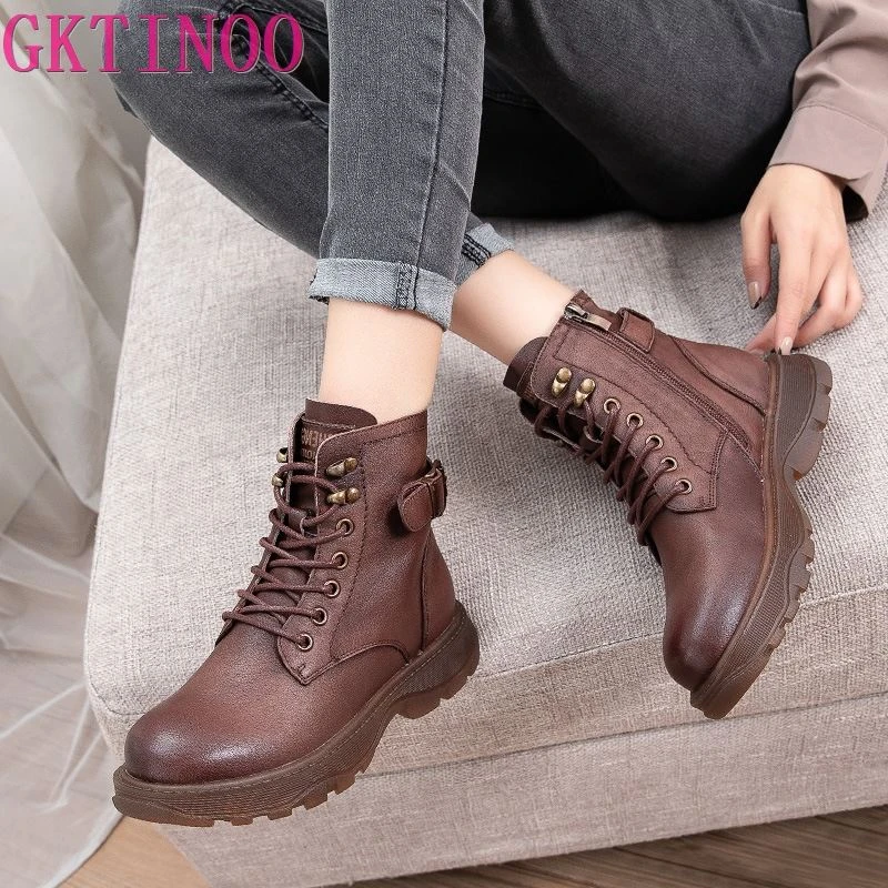 Botines Planos Cuero Genuino Mujer, Zapatos con Cordones, de Estilo Punk y Vintage, para Otoño e Invierno|Botas hasta el tobillo| -