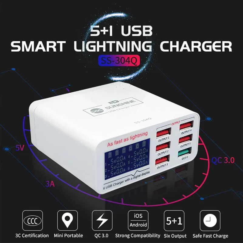 

100V-240V Newest Mobile Phones Tools Power Adapter 6-Port USB Fast Charger For Huawei iPhone iPad LG Samsung Tablet Ferramentas