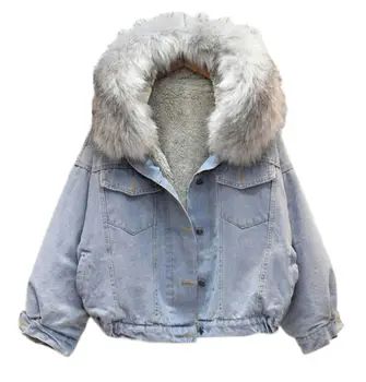 

2019 New Thick Collar Denim Cotton-padded Jacket Women Winter Hooded and Flannelette Warm Jacket Student Short Coat Blue Parkas