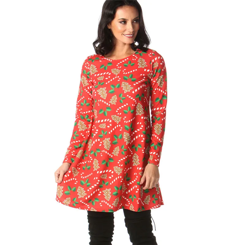 Women Christmas Dress Fashion Long Sleeve O-Neck Print Autumn Winter Dress New Plus Size Slim Casual Vestidos A-Line Robe Femme
