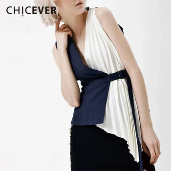 

CHICEVER Patchwork Vest For Women V Neck Sleeveless Lace Up Ruched Irregular Waistcoat Female Fashion Clothing 2020 Spring Tide
