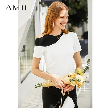

Amii Minimalist Asymmetry Patchwork T-shirt Summer Women Round Neck Slim Fit Casual Female Tops 11940161