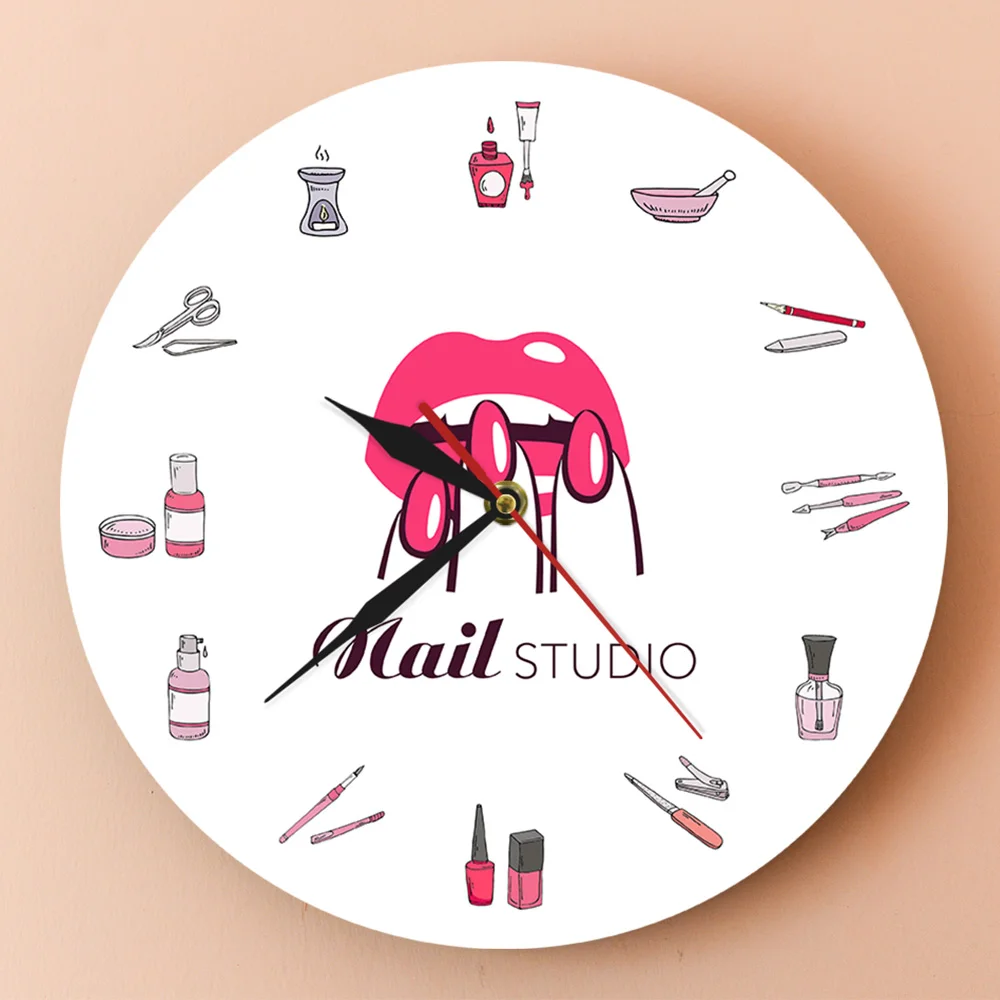 Nail Polish Bottles and Equipments Printed Acrylic Wall Clocks Beauty Salon Nail Studio Manicure Clock Wall Watch Timepieces