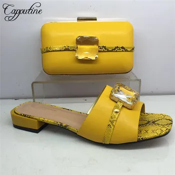 

Excellent yellow lower heel slippers shoes and clutch bag sets with stones GY40, heel height 3cm, 6 color