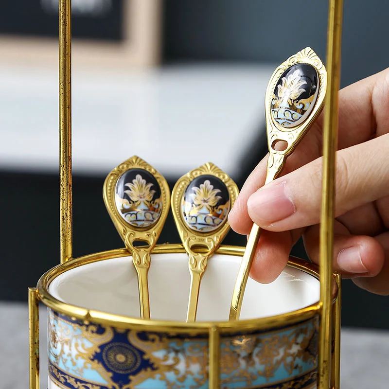 Stainless Steel Stirring Spoon Embossed Coffee Ladle Ceramic Handle Gilt Cake Spoon Dinnerware Honey Scoop Kitchen