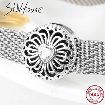 

High Quality 925 Sterling Silver Crystal CZ Herat Flowers Clips Lock Beads Fit Reflection Bracelet For Women Jewelry Making