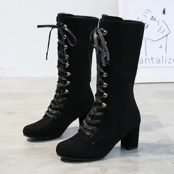 

2020 Black boots women Shoes knee high Women Casual Vintage Retro Mid-Calf Boots Lace Up Thick Heels Shoes обувь женская