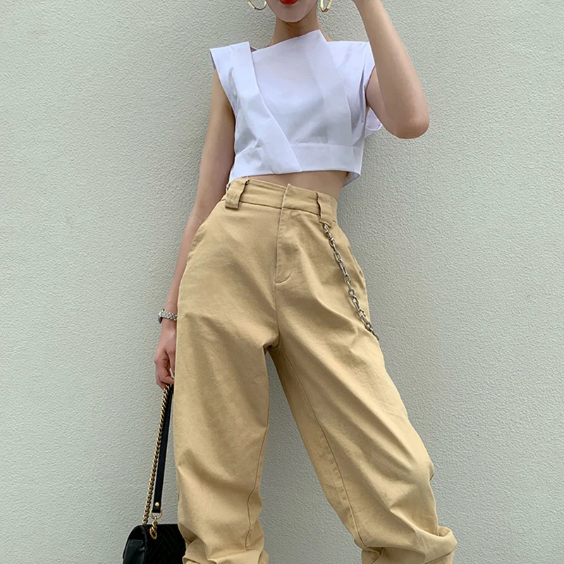 Cena TWOTWINSTYLE nieregularna krótka koszula damska ukośny kołnierz bez rękawów lato eleganckie bluzki kobiet 2019 modna odzież fala