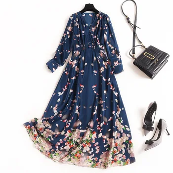 

Women silk dress new 2020 spring summer floral print ruffles V-neck long sleeve big hem a-line elegant dresses blue red