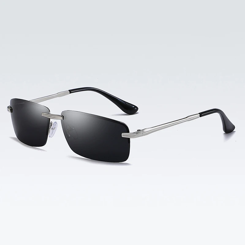 Silver Grey Men Rimless Rectangle Sunglasses Polarized UV Protection Sunslasses Men Brand Drive Glasses Man Sun Glasses Male Change Glass905 - Lenses Color: Silver Grey