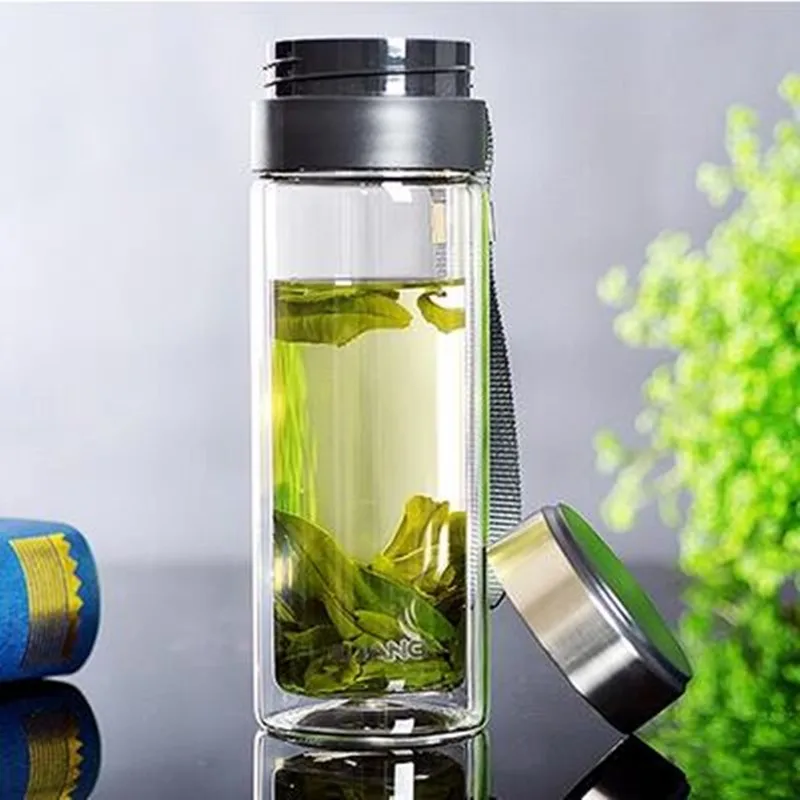 Glass Water Bottle with Stainless Steel tea infuser 280ml Portable Bottle double Transparent Bottle for Water Tea Glass tumbler