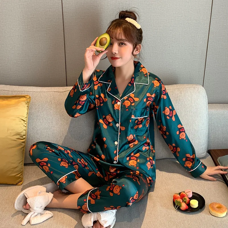 

Viscose Pajamas Women's Spring And Autumn Long Sleeve Cartoon Bear Two-Piece Set Silk Thin Korean-style Summer Home Wear