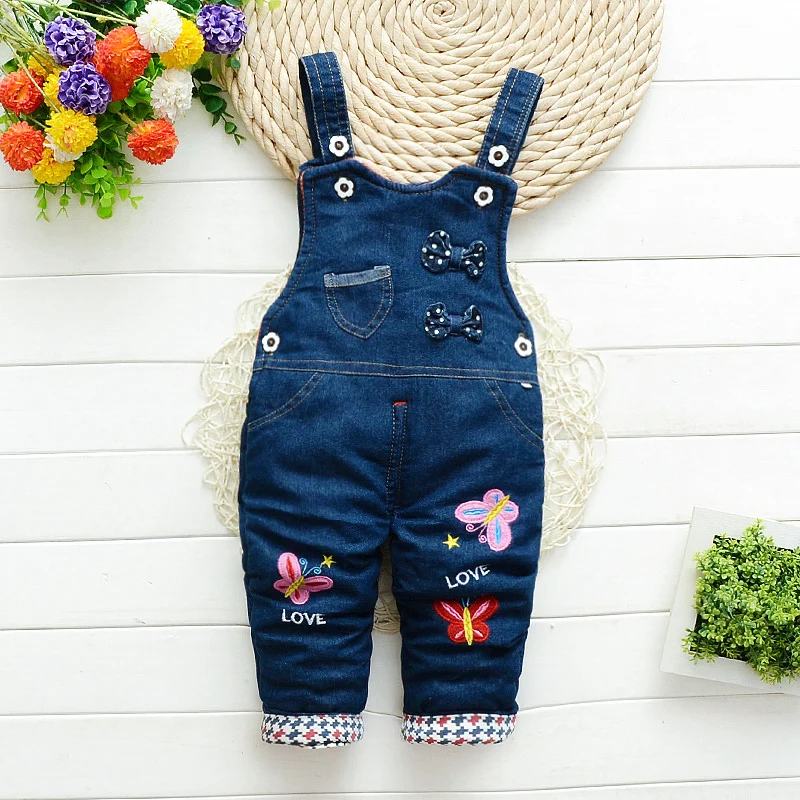 Girls Winter Trousers New Kids Fashion Cotton Thick Cartoon Pants Children Warm Bib Pants For Baby Girls Kids Denim Overalls