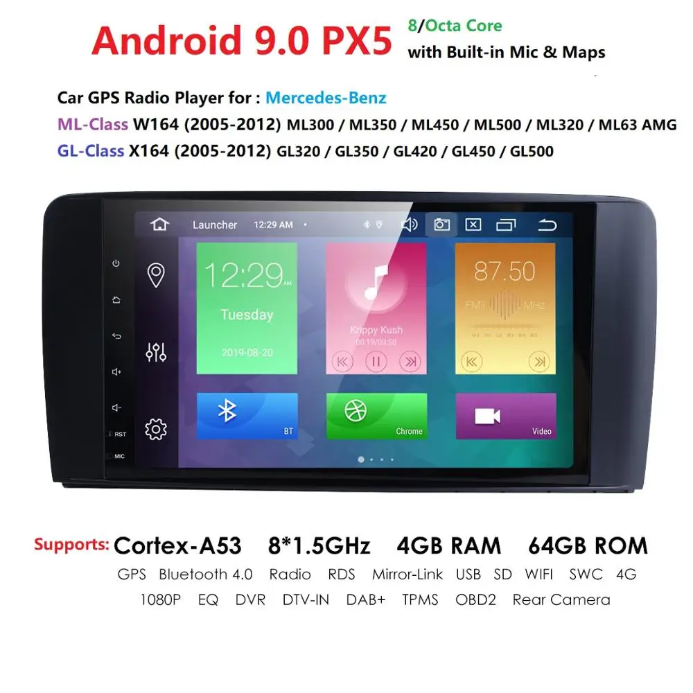 Best Android 9.0 4G 64G car GPS For Mercedes Benz ML GL W164 ML350 ML500 GL320 X164 ML280 GL350 GL450 radio stereo navigation NO DVD