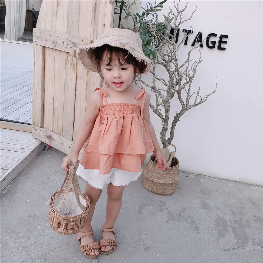 Small Big Brand Summer New Style Dungaree Shirt Korean-style Girls Baby Pure Cotton with Drawstring Camisole Cake Tops Fash
