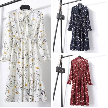 

Oufisun Casual Long Sleeve Women's Dress Elegant Bow Boho Flower Print Dresses Fahion Tunic Chiffon Party Feminino Dress Vestido