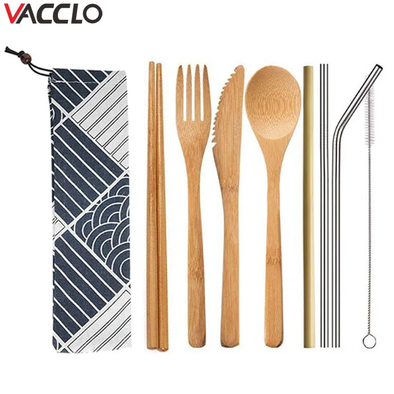 

Vacclo Reusable Bamboo Cutlery Set Portable Tableware Wooden Cutlery Fork Spoon Knife Set with Cutlery Bag for Travel Utensil