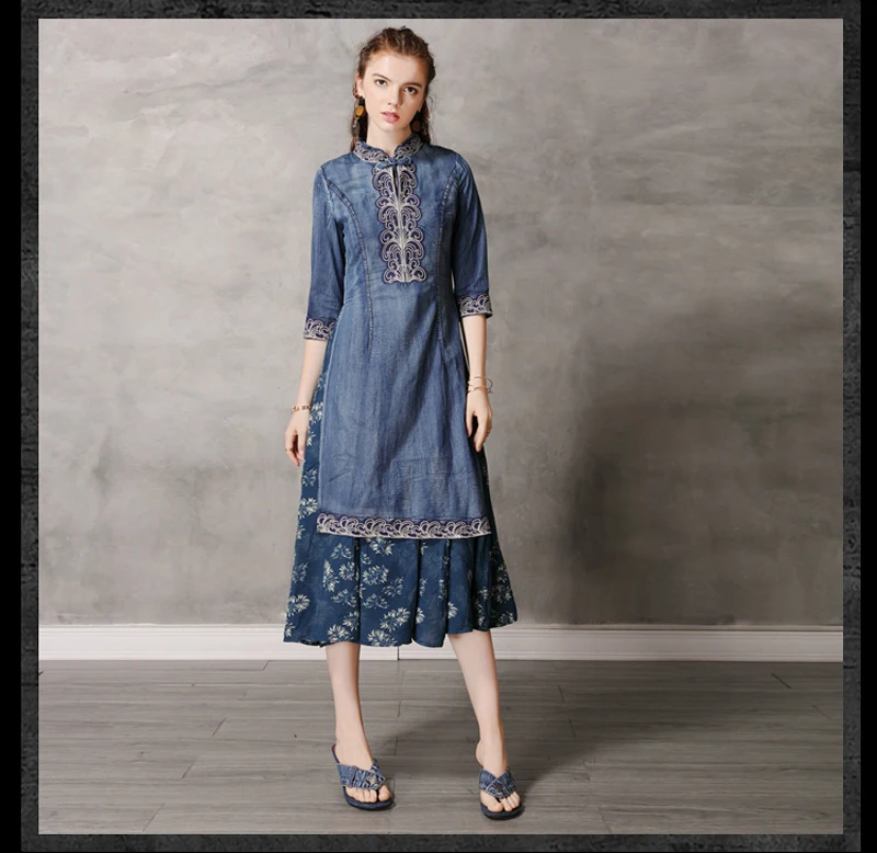 JINGRUI лето новые женские сшитые джинсовые Cheongsam воротник вышитые рукава тонкие платья