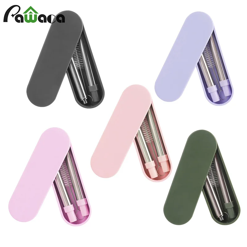 

Telescopic Collapsible Reusable Straws Stainless Steel Folding Metal Portable Straw with Case & Cleaning Brush for Travel office