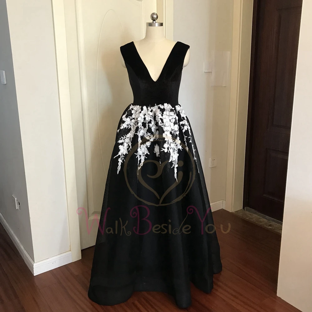 Черные платья для выпускного вечера Vestido Formatura велюровые трапециевидные белые цветы Жемчуг Глубокий v-образный вырез Длинные тюлевые вечерние платья для прогулки рядом с вами