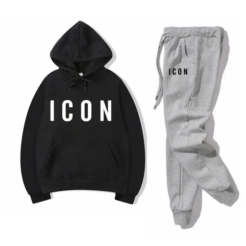 Новинка спортивные костюмы мужские толстовки с капюшоном+ штаны спортивный костюм зимнее флисовое термобелье мужской/wo мужской костюм с капюшоном - Цвет: Black  gray